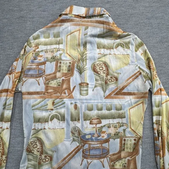 Vintage 70s Long Sleeve Collared Shirt With Retro Interior Design Print Size 7/8 - Picture 5 of 11